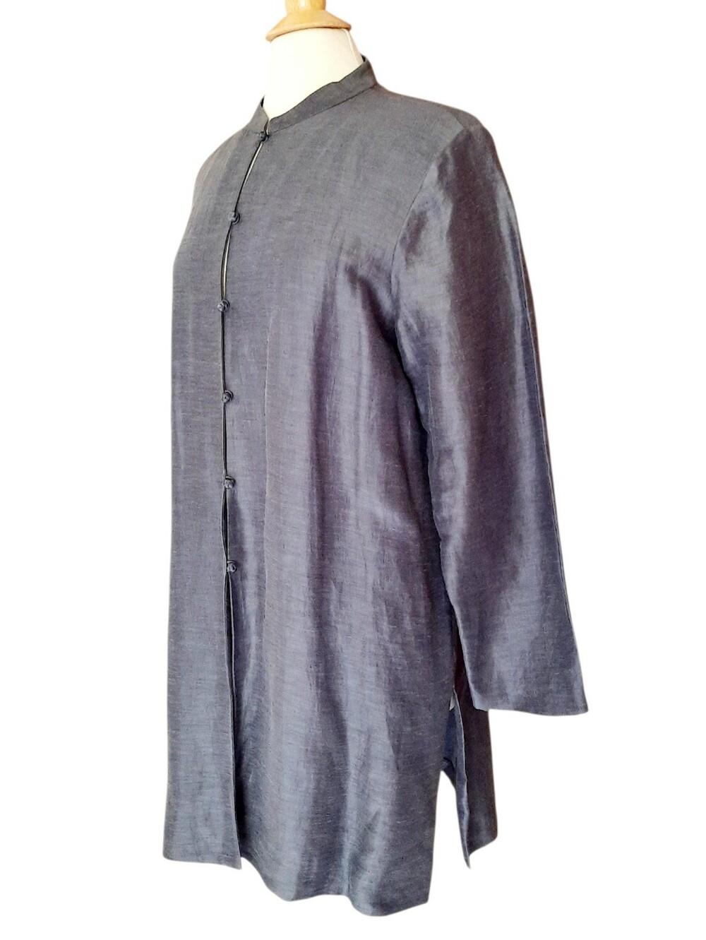 EILEEN FISHER Linen & Silk Mandarin Collar Mid-Length Tunic Jacket Charcoal Sz M
